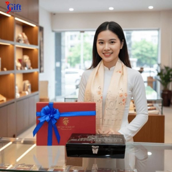 Gift Set: Silk Scarf with Ben Thanh Market Design (Orange) & Black Jewelry Box