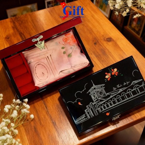 Gift Set: Silk Scarf with Ben Thanh Market Design (Orange) & Black Jewelry Box