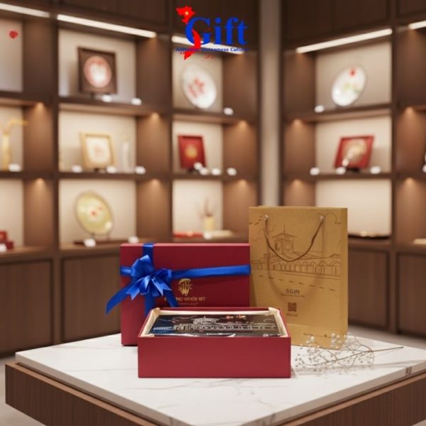 Gift Set: Silk Scarf with Ben Thanh Market Design (Orange) & Black Jewelry Box