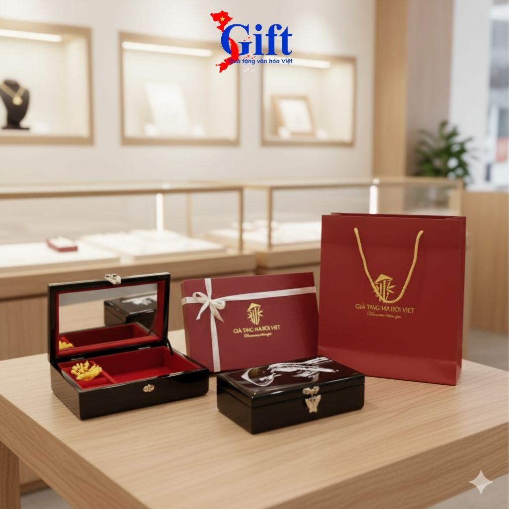 Hoa văn cô gái Việt Nam trên hộp đựng trang sức sơn mài quà đối tác