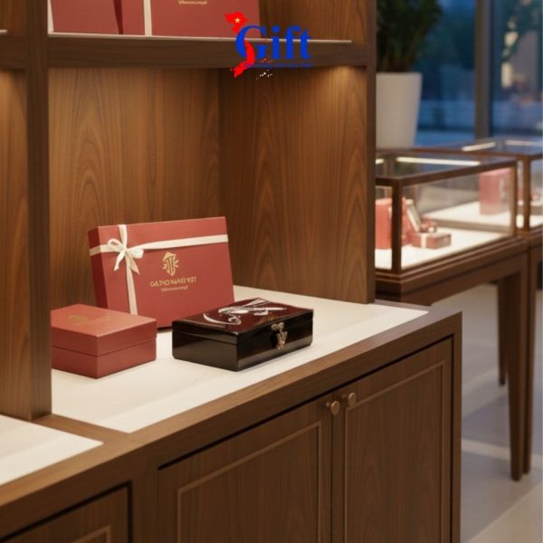 Hoa văn cô gái Việt Nam trên hộp đựng trang sức sơn mài quà đối tác