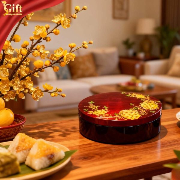 Hộp Mứt Tết Sơn Mài Mai Vàng Sum Vầy - Dát Vàng Cao Cấp SGHMTBL01/3