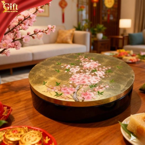 Hộp Mứt Tết Sơn Mài Đào Hồng Khai Xuân 5 Ngăn Dát Lá Vàng SGHMTBL02/1