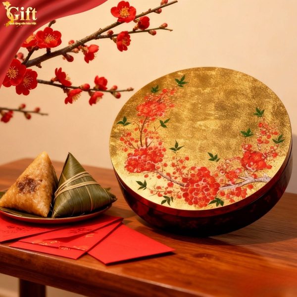 Hộp Mứt Tết Sơn Mài Mai Đỏ Đón Xuân (5 Ngăn) - Dát Vàng Cao Cấp SGHMTBL02/2