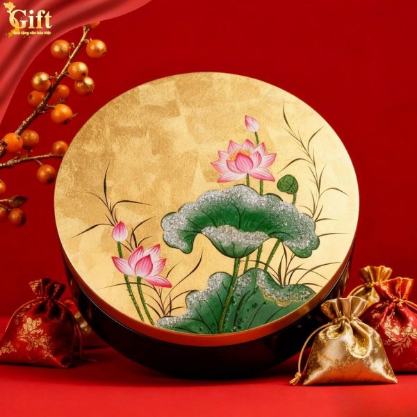 Hộp Mứt Tết Sơn Mài Ngọc Sen An Lành (5 Ngăn) - Dát Vàng Cao Cấp SGHMTBL02/3