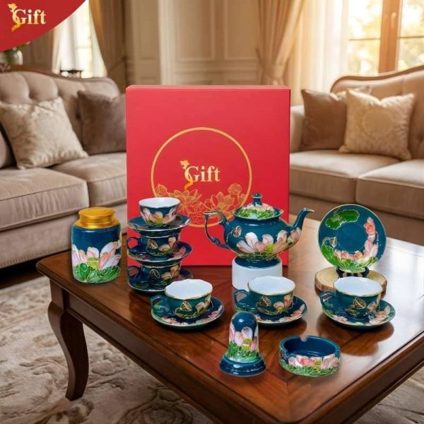 Combo Bộ Bình Trà Queen Ngọc Lục Liên Hồng Vẽ Vàng Kim Đắp Nổi Hoa Sen + Phụ kiện SG-CBBTV15.1
