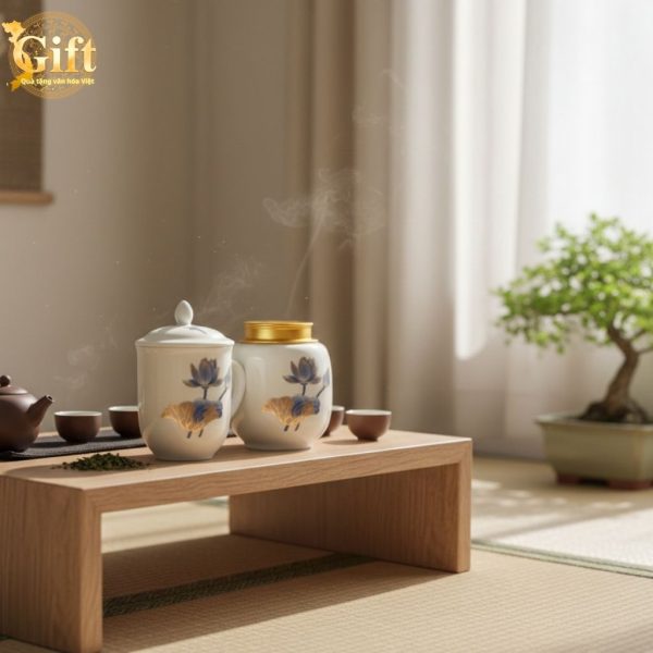Set hũ đựng trà & ly lọc trà họa tiết Sen xanh Quà tặng gốm sứ tinh tế SetLLTHDTSX S11