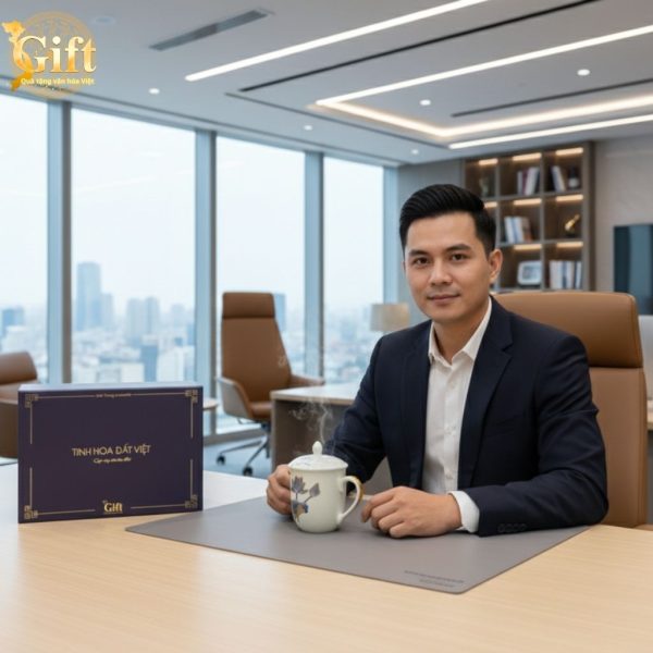 Set hũ đựng trà & ly lọc trà họa tiết Sen xanh Quà tặng gốm sứ tinh tế SetLLTHDTSX S11