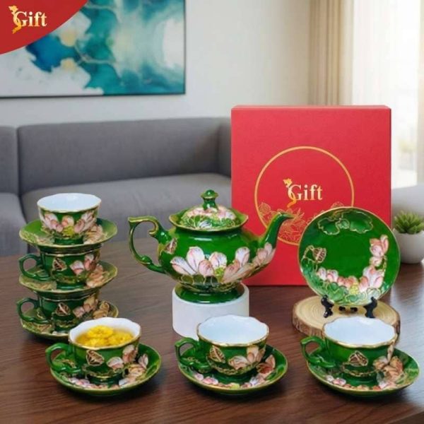 Bộ Bình Trà Queen Xanh Ngọc 900ml Vẽ Vàng Kim Họa Tiết Hoa Đắp Nổi Hoa Sen BTV15.2.2 – Quà Tặng Cao Cấp