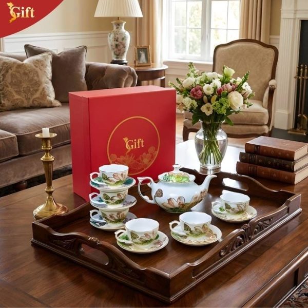 Bộ Ấm Chén Queen 900ml Cao Cấp Vẽ Vàng Kim 3D Màu Trắng Sen Hồng – SG-BTV15.10.1