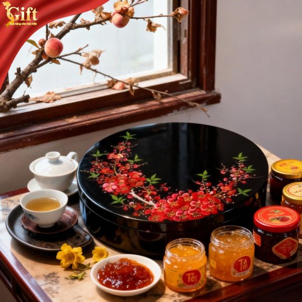 Hộp Mứt Tết Sơn Mài Mai Đỏ Đón Xuân 5 Ngăn SGHMTBL06/1 – Sắc Xuân Cát Tường, Trọn Vẹn Phúc Lộc