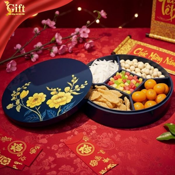 Hộp Mứt Tết Sơn Mài Mẫu Đơn Vinh Hoa 5 Ngăn Nền Xanh SGHMTBL09/1 -  Vẻ Đẹp Phú Quý Cho Tết Tròn Đầy