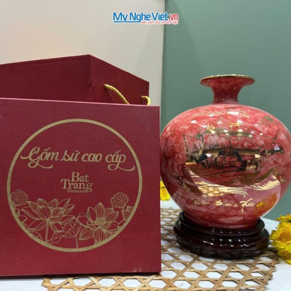 Bình Thu Tài Lộc Gốm men vân đá (đỏ) thuận buồm