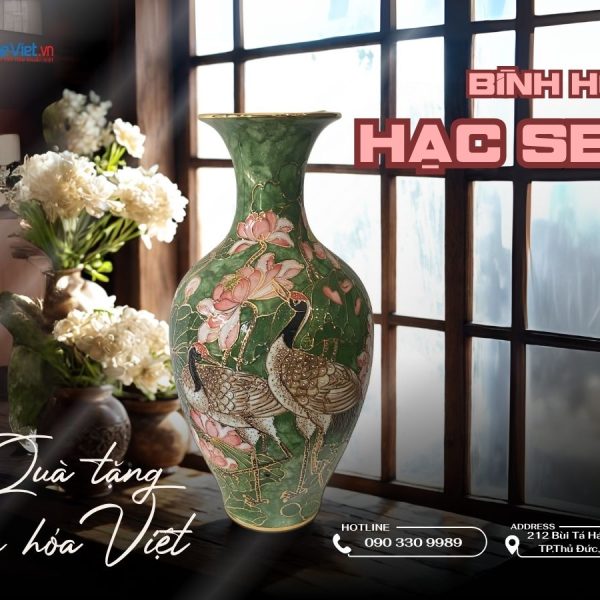 Lộc Bình Vẽ Vàng Kim Hạc Sen Men Vân Đá Cao Cấp