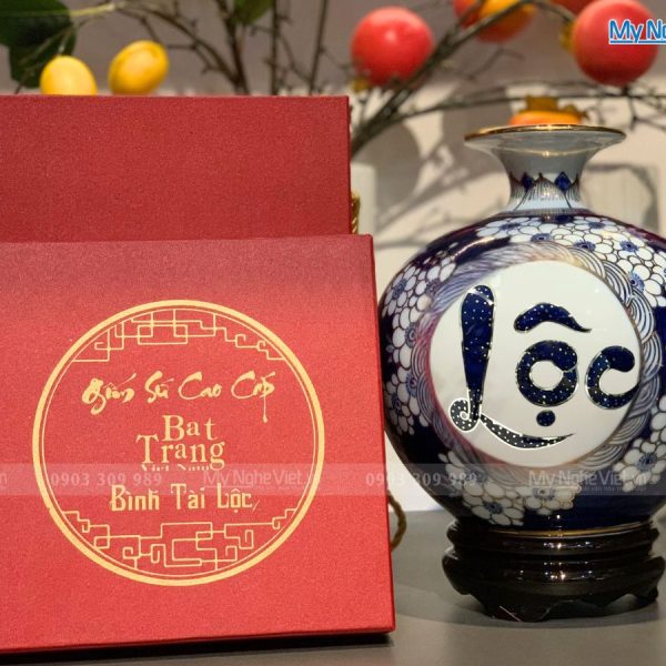 Bình Thu Tài Hút Lộc Cao Cấp Men Lam Vẽ Hoa Phù Dung Chữ LỘC