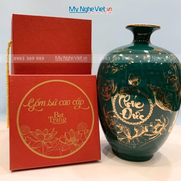 Bình Thu Tài Lộc Gốm Men Xanh Chữ "Phúc Đức" LHGML02.1