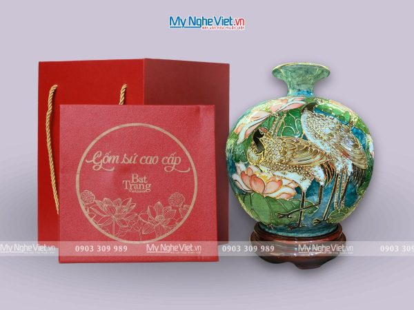 Bình thu tài hút lộc vẽ vàng kim hạc sen đắp nổi MNV-VBT30-1