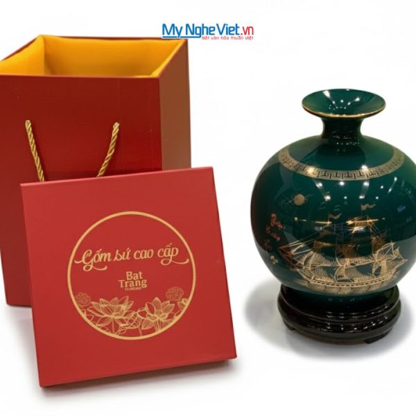 Lọ thu Tài hút Lộc Gốm Bát Tràng Màu Xanh Bộ Đội Và Đế Gỗ LHGTT01-3.2