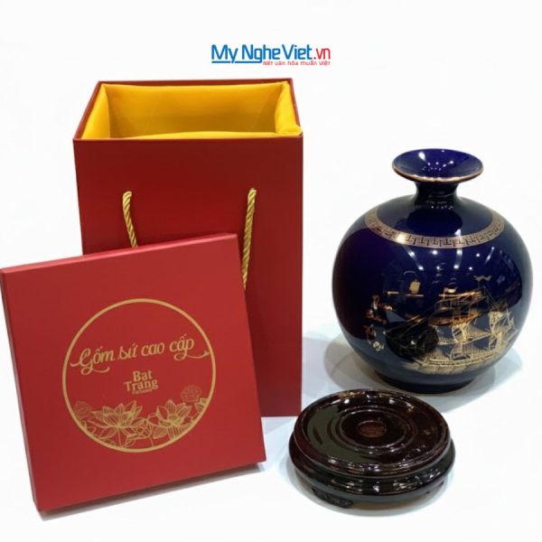 Lọ thu Tài hút Lộc Gốm Bát Tràng Màu Xanh Coban Và Đế Gỗ LHGTT01-3.1