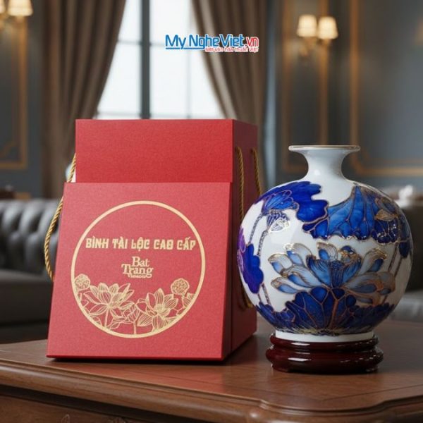 Bình thu hút tài lộc gốm Bát Tràng cao cấp vẽ vàng kim họa tiết hoa sen đắp nổi MNV-VBT22.1