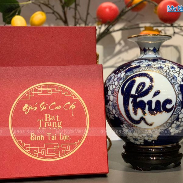 Bình Thu Tài Hút Lộc Cao Cấp Men Lam Vẽ Hoa Phù Dung Chữ PHÚC (có chân đế) MNV-HBT22P