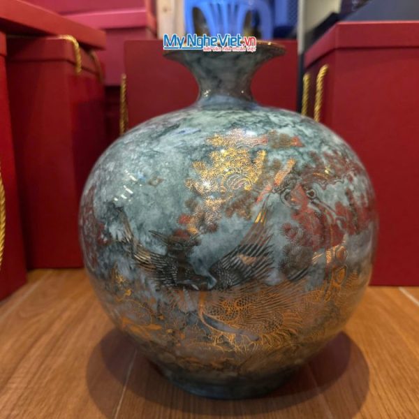 Bình thu tài hút lộc men vân đá xám chim công hoa sen MNV-VBT25/2