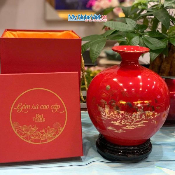 Bình thu tài hút lộc Mã đáo vàng kim nền đỏ MNV-HBT22/7.1