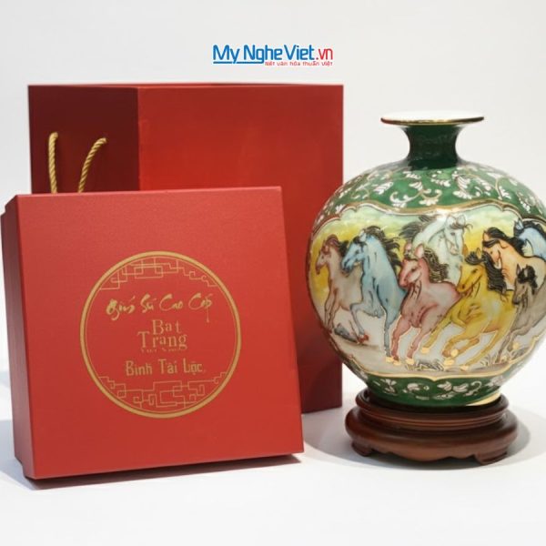 Bình thu tài hút lộc gốm Bát Tràng vẽ mã đáo thành công đắp nổi MNV-VBT25 - Quà tặng cao cấp