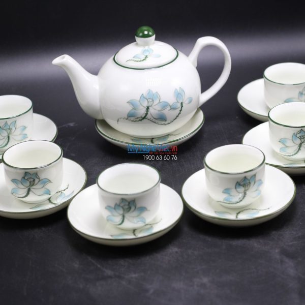 Bình trà tròn thấp men kem vẽ sen MNV-TS527 - Quà tặng ý nghĩa