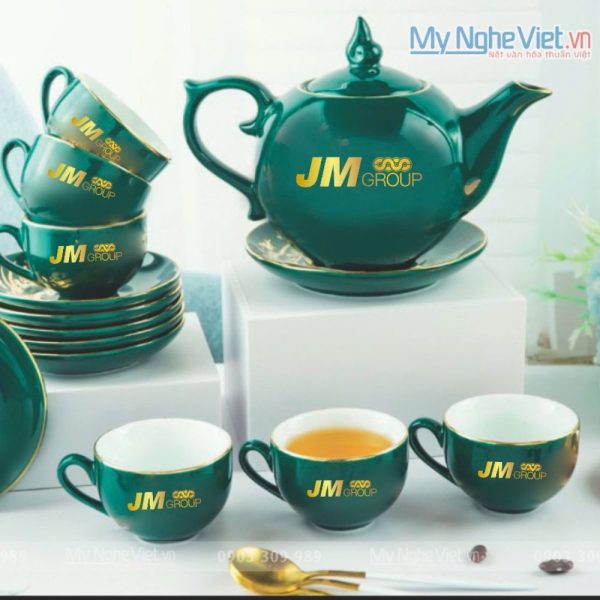 Bình Trà Bát Tràng Chóp Lửa Men Xanh In Logo