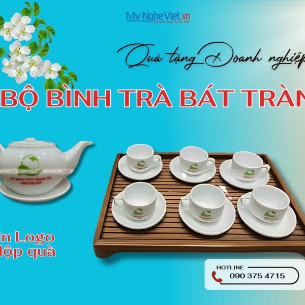 Bộ bình trà men trắng in logo 02 mặt CỬA HÀNG VTNN THANH TÂN
