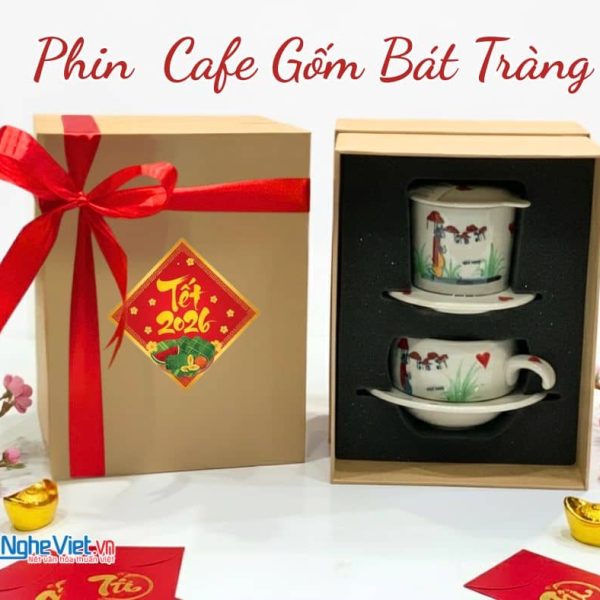 Bộ quà tặng phin cà phê gốm thấp vẽ 1 cô gái và hộp quà tặng cao cấp CBCFVH004.4