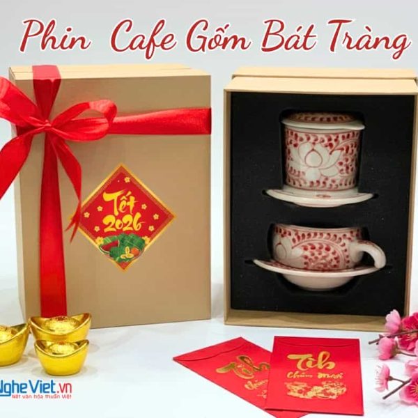 Bộ quà tặng phin cà phê gốm thấp vẽ sen đỏ và hộp quà tặng cao cấp CBCFVH014