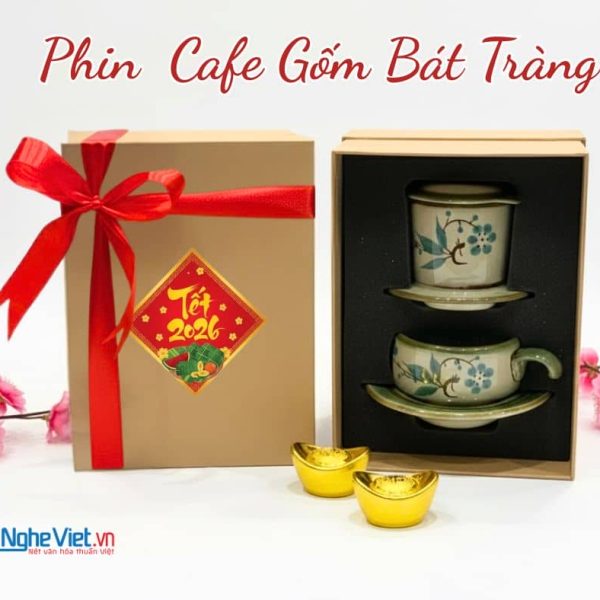 Bộ Quà Tặng Phin Cà Phê Gốm Vẽ Đào Xanh Thấp và Hộp Quà Tặng Cao Cấp CBMNV-CFV001-2