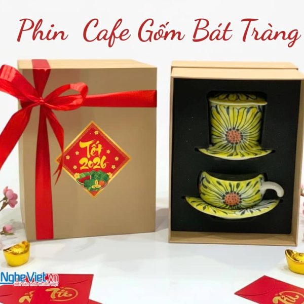 Bộ quà tặng phin cà phê gốm thấp vẽ hoa hướng dương và hộp quà tặng cao cấp CBCFVH001
