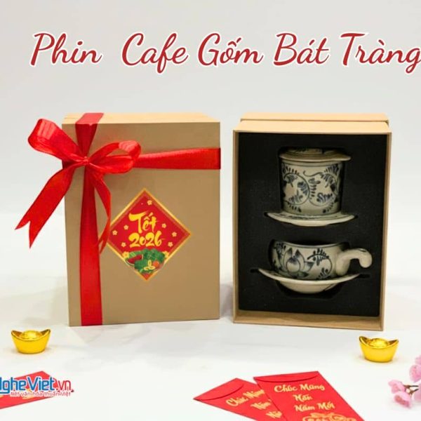 Bộ Quà Tặng Phin Cà Phê Gốm Vẽ Sen Xanh Thấp và Hộp Quà Tặng Cao Cấp CBMNV-CF004/1