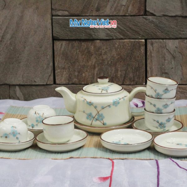 Bộ trà tích vuông dáng mới men kem vẽ đào MNV-TS529-2 - Quà tặng ý nghĩa