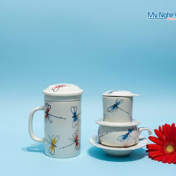 Combo Ly Lọc Trà và phin cafe vẽ chuồn kim xanh đỏ CBCFVH004/7.1