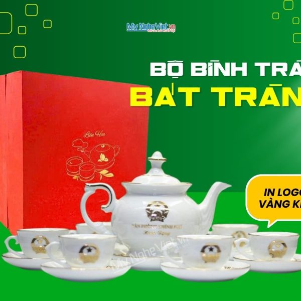 Bộ bình trà men trắng viền chỉ vàng dáng Cát Tường In Logo
