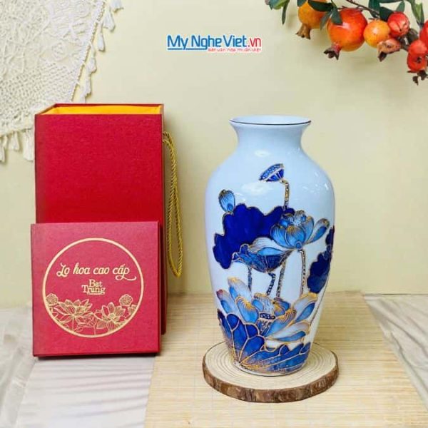 Bình hoa gốm bát tràng vẽ vàng kim hoa sen đắp nổi cao cấp LHGML01-3
