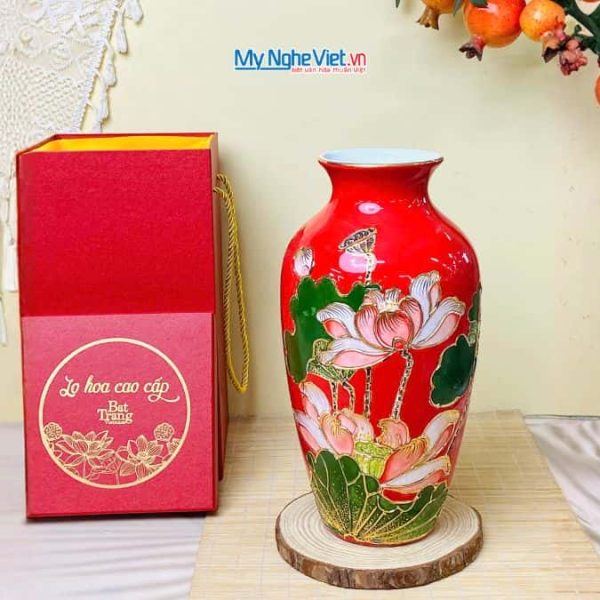 Bình hoa gốm bát tràng vẽ vàng kim hoa sen đắp nổi cao cấp LHGML01-4