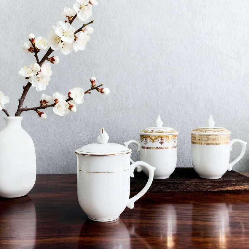 Ly sứ có nắp chóp lửa viền vàng kim hoa văn (1)