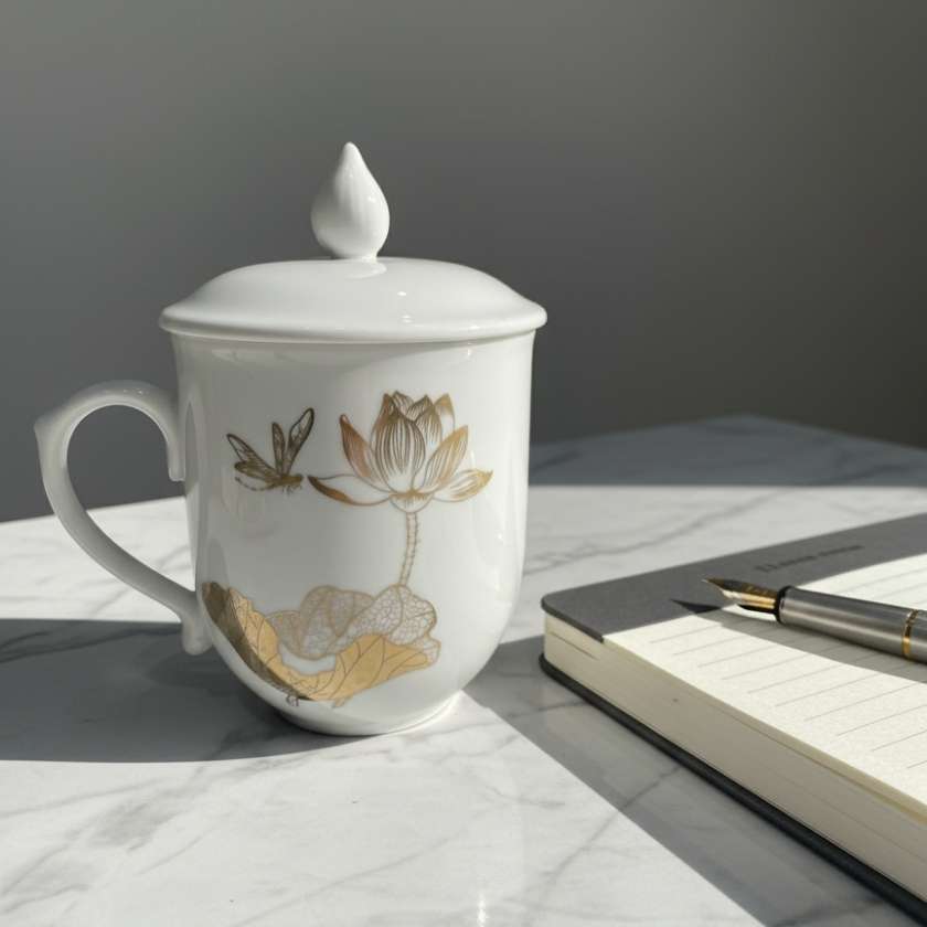 Ly sứ có nắp chóp lửa viền vàng kim vẽ sen LSML02 (1)