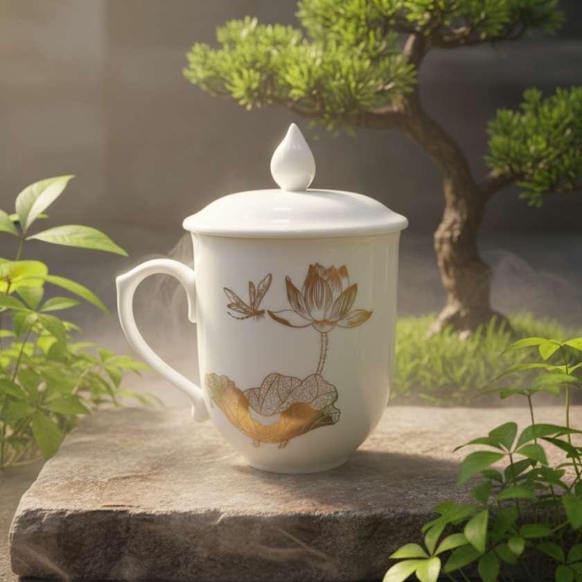 Ly sứ có nắp chóp lửa viền vàng kim vẽ sen LSML02 (2)