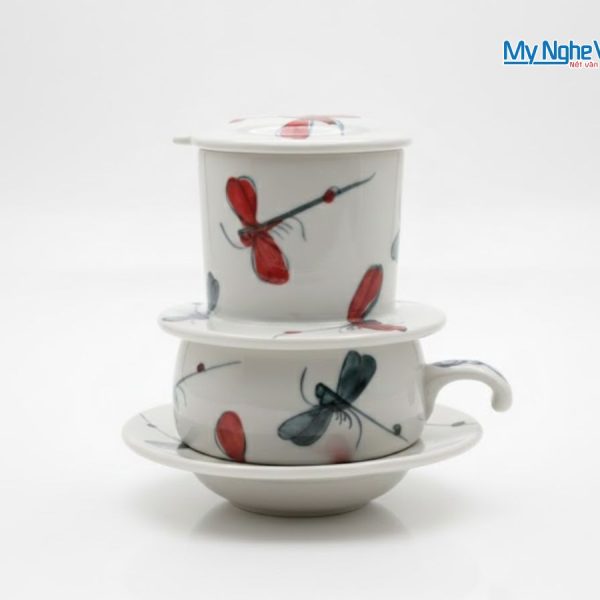 Phin cà phê gốm thấp vẽ chuồn kim đen đỏ CFVH004.6