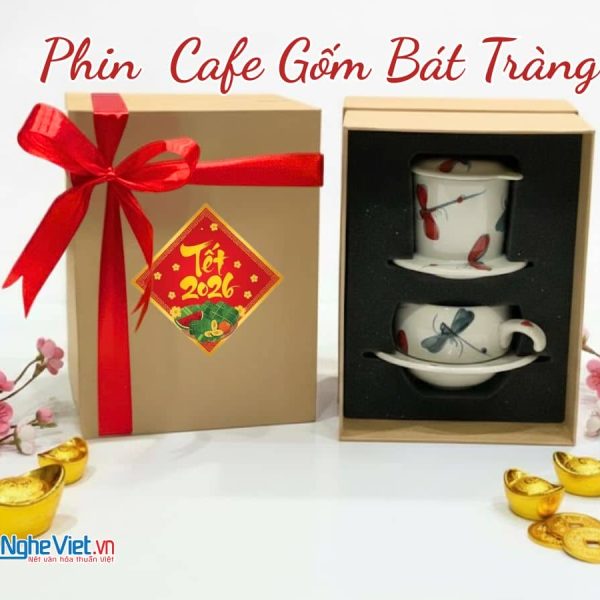 Bộ quà tặng Phin cà phê thấp vẽ chuồn kim đen đỏ và hộp quà tặng cao cấp CBCFVH004.6