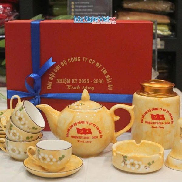 Bộ Bình Trà Cao Cấp In Logo Men Vân Đá Hoa Ban Đắp Nổi