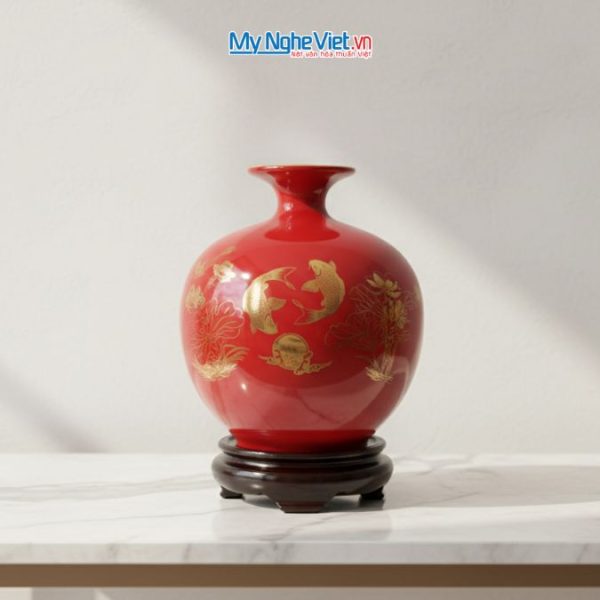 Bình hút tài lộc Chữ Phúc cá sen vàng kim nền đỏ MNV-HBT22/7.4