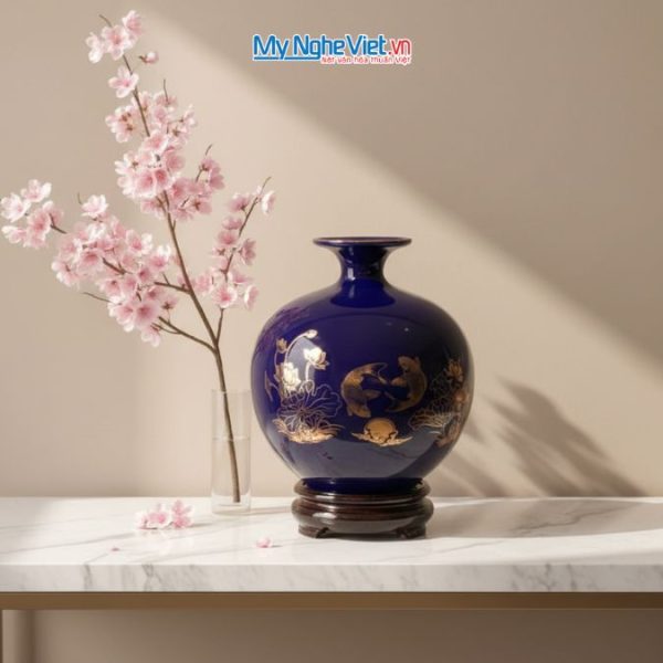 Bình hút tài lộc Lý ngư vọng nguyệt vàng kim nền xanh coban MNV-HBT22/7.2