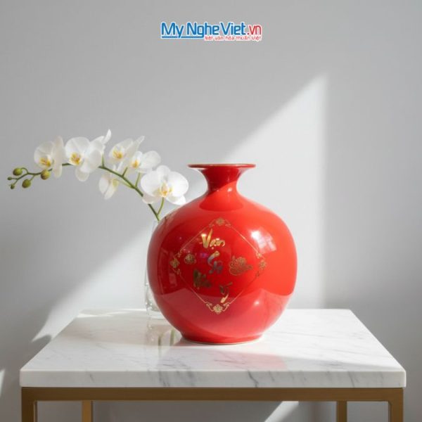 Bình hút tài lộc vẽ nhị cảnh cá sen - vạn sự như ý nền đỏ MNV-HBT18/3.6